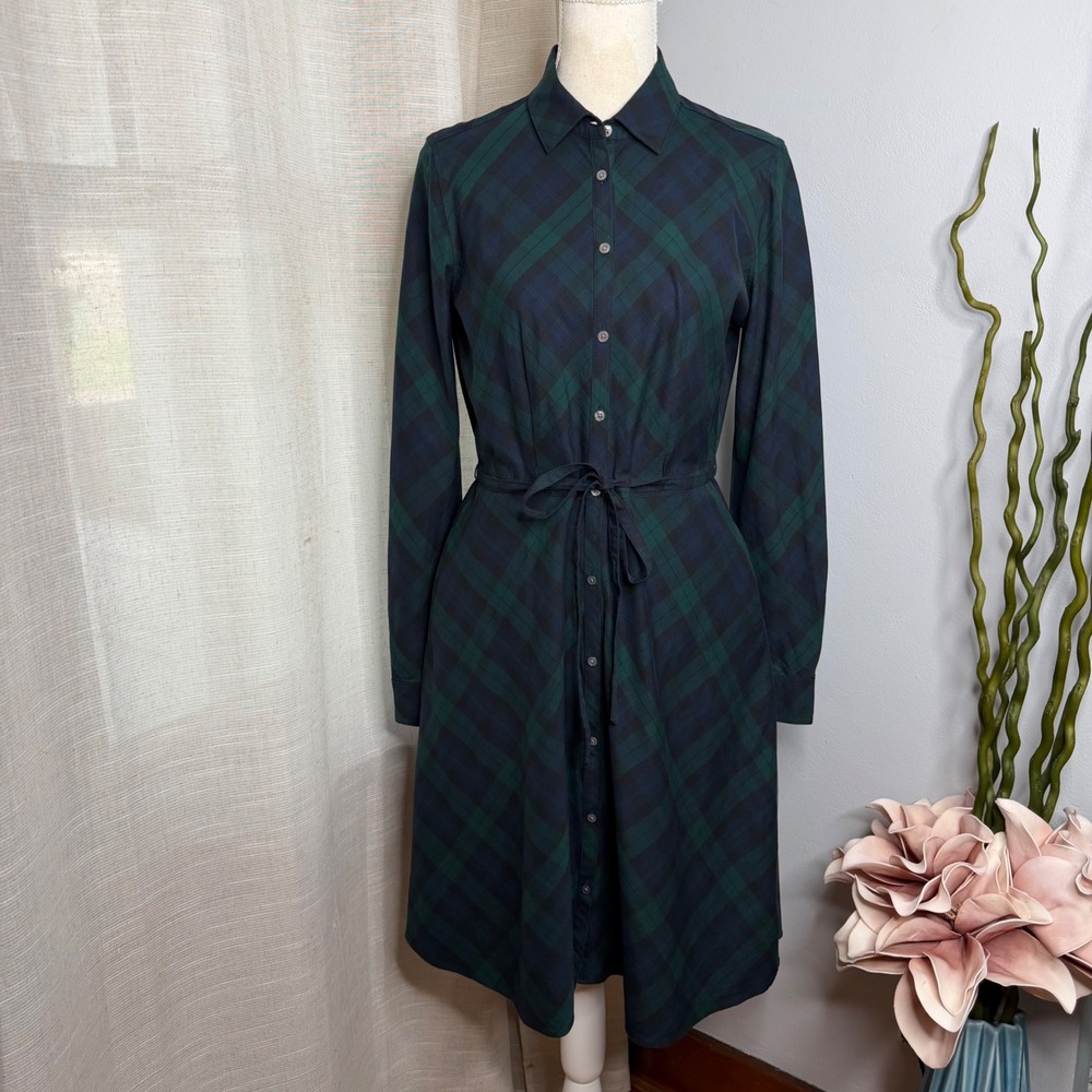 UNTUCKit Holly Shirt Dress Black Watch Plaid Long Sleeve Navy Green Women's 6